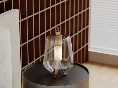 Modern Glass Table Lamp With Brass Stand On Black Side Table Against Brown Grid Wall 3d model