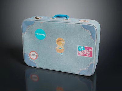 Blue Vintage Suitcase Decorated With Colorful Stickers Shibuya Label And Cartoon Character 3d model