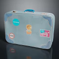 Blue Vintage Suitcase Decorated With Colorful Stickers Shibuya Label And Cartoon Character