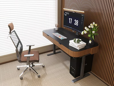 Modern Wooden Desk Setup With Computer Monitor Books White Flower Vase And Ergonomic Chair 3d model