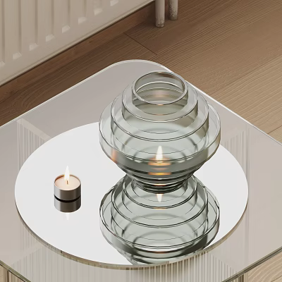 Decorative Clear Glass Layered Ornament Set With Candle On Mirror Tray For Coffee Table Decor 3d model