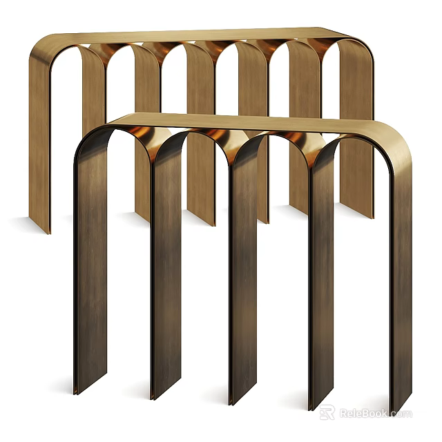 Elegant Modern Brass Console Table With Curved Design And Column Supports 3d model 