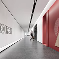 Modern Elevator Hallway With White And Red Walls HOIDER Letters Geometric Patterns And Person Walking