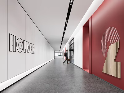 Modern Elevator Hallway With White And Red Walls HOIDER Letters Geometric Patterns And Person Walking 3d model