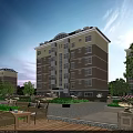 Modern Multi Floor Residential Building With Green Courtyard And Trees Around