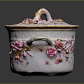 Porcelain Covered Pot With Pink Floral Decorations Gold Accents And Side Handles