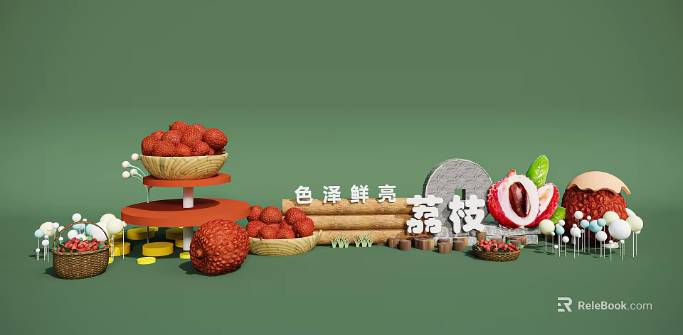 Fresh Lychee Display With Bright Color In Baskets And Wooden Sign 3d model 