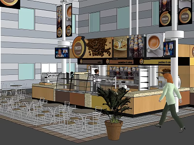 Café Interior With Bar Counter Tables Chairs Coffee Posters Green Plant And People Walking 3d model