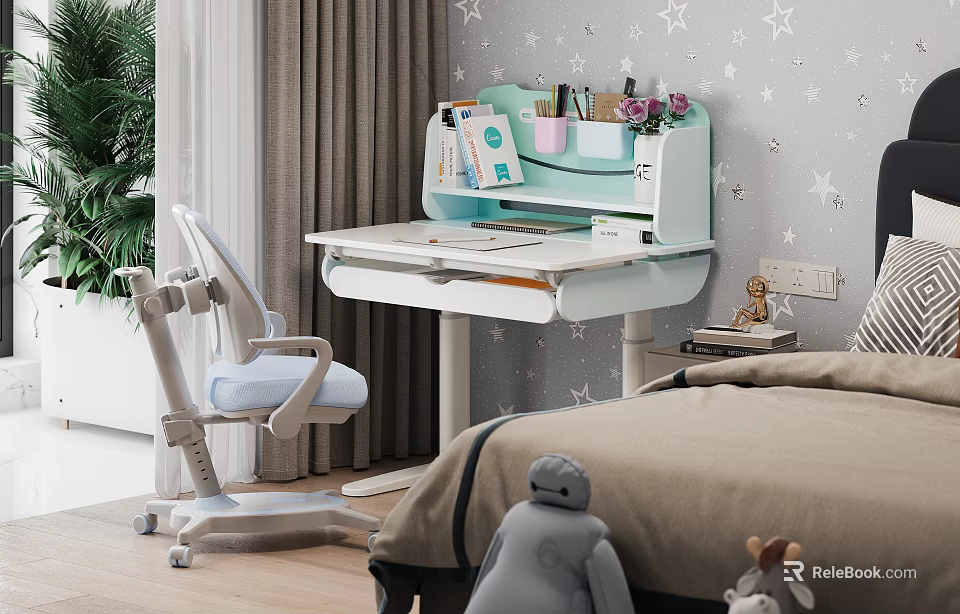 Children's Room Interior With Study Desk Comfortable Chair Star Pattern Wall And Stuffed Toys 3d model 