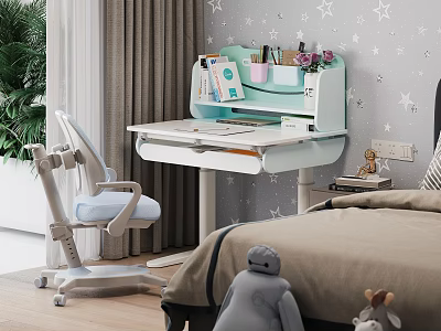 Children's Room Interior With Study Desk Comfortable Chair Star Pattern Wall And Stuffed Toys 3d model
