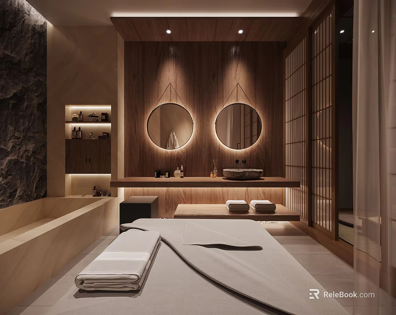 Luxury SPA Sauna Interior With Wooden Walls Round Mirrors Japanese Shoji Screens And Massage Bed 3d model 