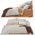 Double Bed With Wavy Pattern Bedding Beige Brown Sheets And Decorative Pillows 3d model