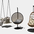 Stylish Rattan And Metal Hanging Chairs With Soft Cushions And Modern Sofa In Living Area