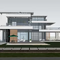 Modern Detached Villa Featuring Glass Curtain Walls Balconies Lawn and Outdoor Seating Area