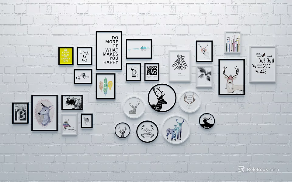 Creative Photo Wall with Mixed Frames Deer Patterns Quotes on White Brick Wall 3d model 