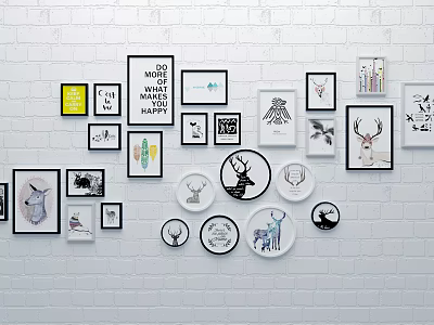 Creative Photo Wall with Mixed Frames Deer Patterns Quotes on White Brick Wall 3d model