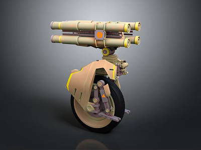 Single Wheel Mechanical Device With Brown Orange Turrets And Sci Fi Design 3d model