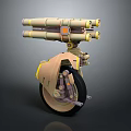 Single Wheel Mechanical Device With Brown Orange Turrets And Sci Fi Design