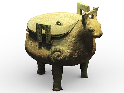 Ancient Ceramic Vessel With Lid Three Legs Animal Head And Intricate Patterns 3d model