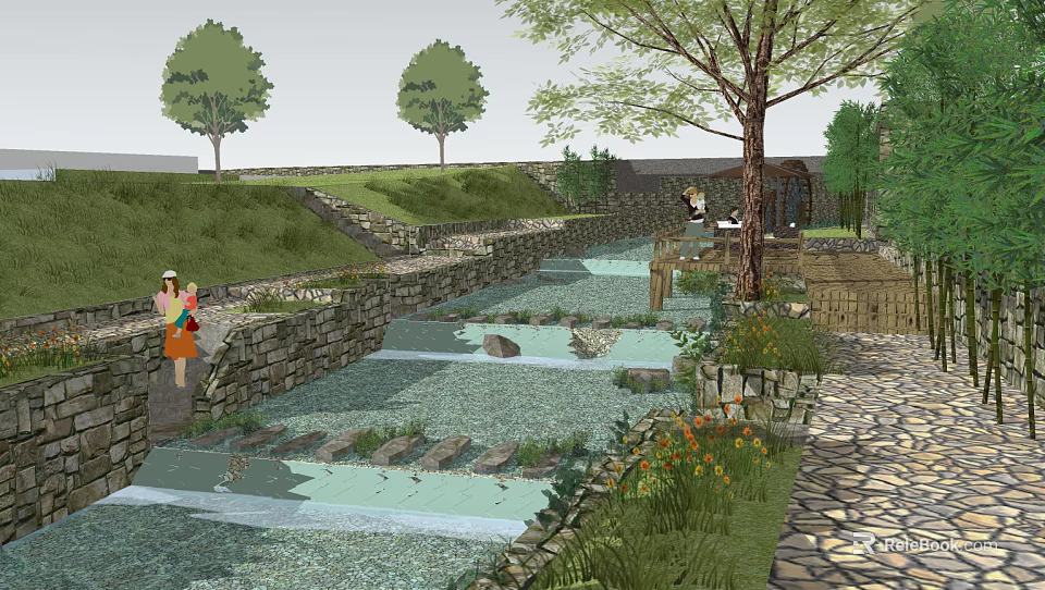 Riverside Waterfront Landscape With Stone Path Stream Trees And Recreational Greenery 3d model 