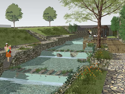 Riverside Waterfront Landscape With Stone Path Stream Trees And Recreational Greenery 3d model