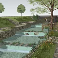 Riverside Waterfront Landscape With Stone Path Stream Trees And Recreational Greenery