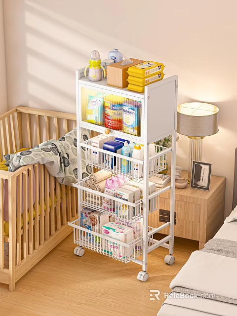 White Multi tier Storage Rack in Baby Room for Organizing Baby Supplies Near Wooden Crib 3d model 