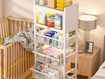 White Multi tier Storage Rack in Baby Room for Organizing Baby Supplies Near Wooden Crib 3d model