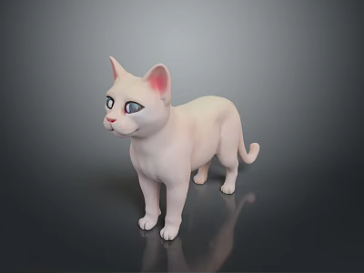 White Cat 3D Model With Pink Ears Blue Eyes And Reflection On Dark Background 3d model