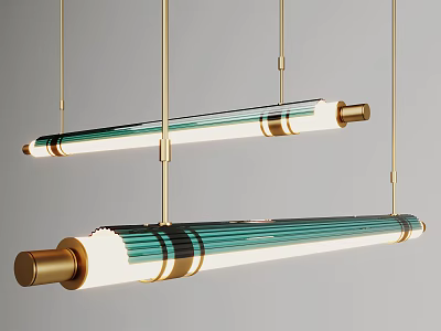 Elegant Modern Long Chandelier With Gold Metal Frame And Green White Striped Glass Tubes 3d model