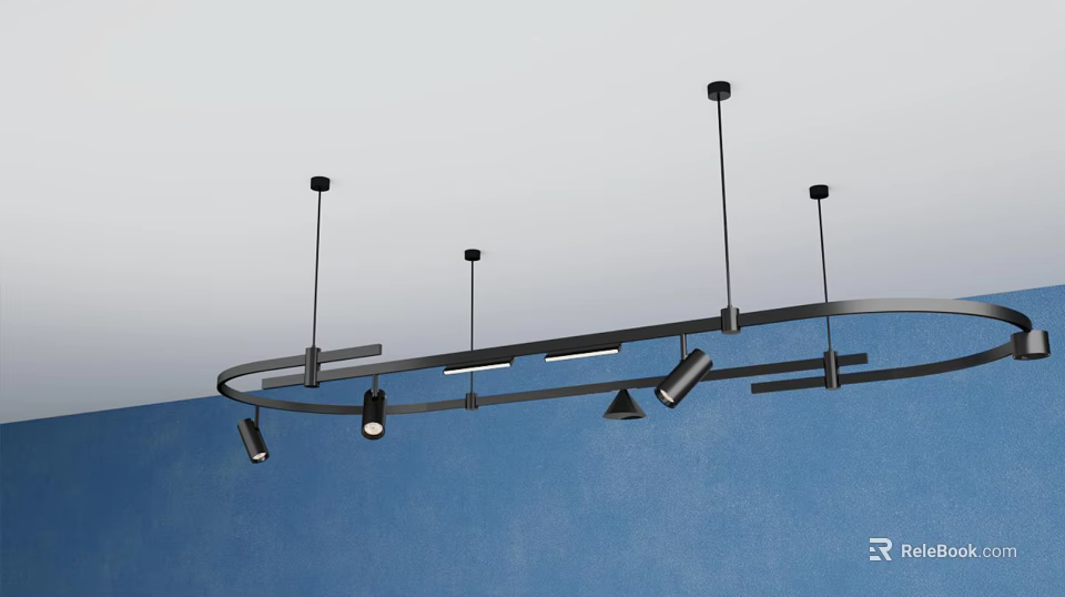 Black Ceiling Mounted Lighting Fixture Set With Multiple Adjustable Lights And Blue Wall 3d model