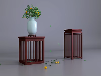 Dark Wooden Flower Stands with Vertical Slat Design White Vase Holding Green Plants and Yellow Fruits 3d model