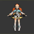 Anime Fantasy Girl Character With Orange Pigtails Horns Blue White Outfit And Green Bag
