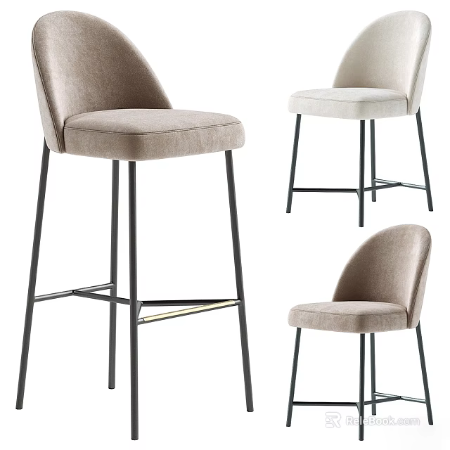 Stylish Upholstered Bar Stools With Black Metal Legs In Beige And White Tones 3d model 