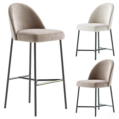 Stylish Upholstered Bar Stools With Black Metal Legs In Beige And White Tones 3d model