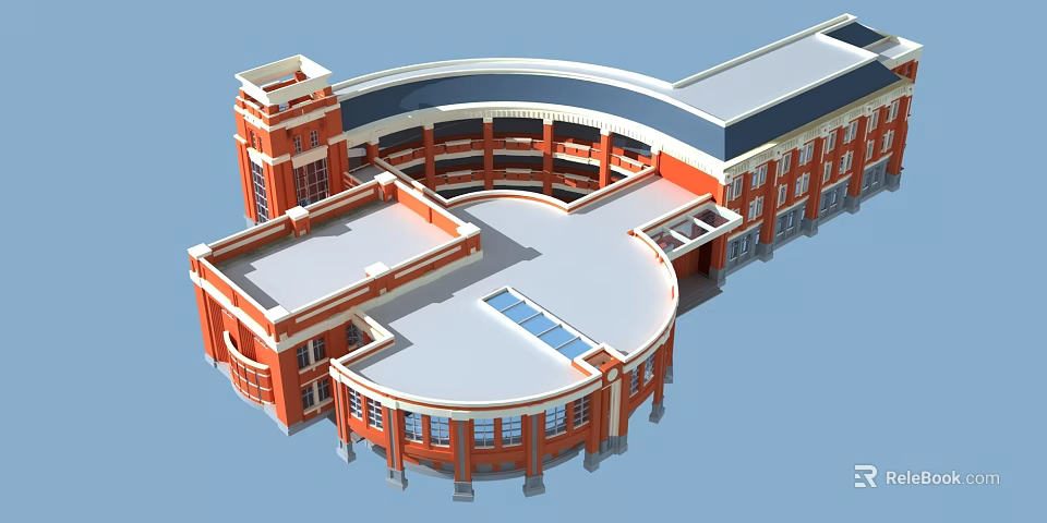 Red Brick School Building With Circular Design And White Roof Structure 3d model