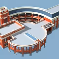Red Brick School Building With Circular Design And White Roof Structure 3d model