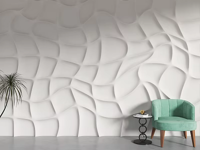 White Wavy Sofa Background Wall With Light Green Chair Small Round Table And Palm Tree 3d model