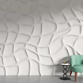 White Wavy Sofa Background Wall With Light Green Chair Small Round Table And Palm Tree