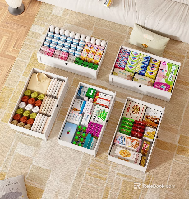 Neatly Organized Drawer Storage With Sorted Household Items And Daily Necessities 3d model 