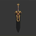 Ornate Fantasy Sword With Golden Crown Hilt And Intricate Black Blade Design