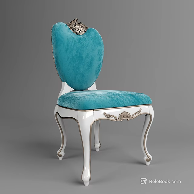 Elegant Blue Velvet Dining Chair With White Painted Legs And Ornate Gold Carvings On Backrest 3d model 