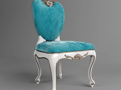 Elegant Blue Velvet Dining Chair With White Painted Legs And Ornate Gold Carvings On Backrest 3d model