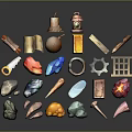 Colorful 3D Scene Components With Various Shaped Gears Gems Keys And Tools