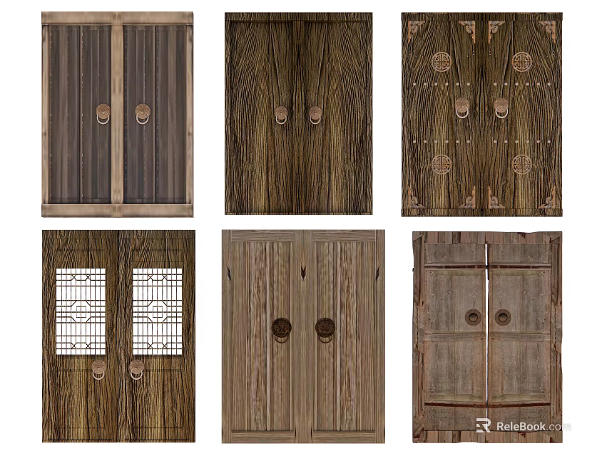 Various Wooden Double Doors With Classic Carved Details And Panel Designs 3d model 