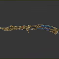 Intricately Carved Sculptural Dagger With Gold Decorative Patterns And Blue Inlays