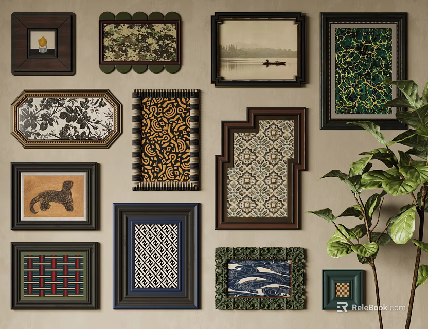 Diverse Framed Artworks With Various Patterns On Wall And Green Plant 3d model 