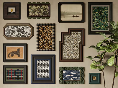 Diverse Framed Artworks With Various Patterns On Wall And Green Plant 3d model