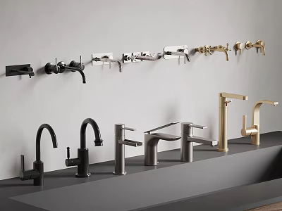 Various Stylish Faucet Designs Displayed On Wall And Countertop 3d model