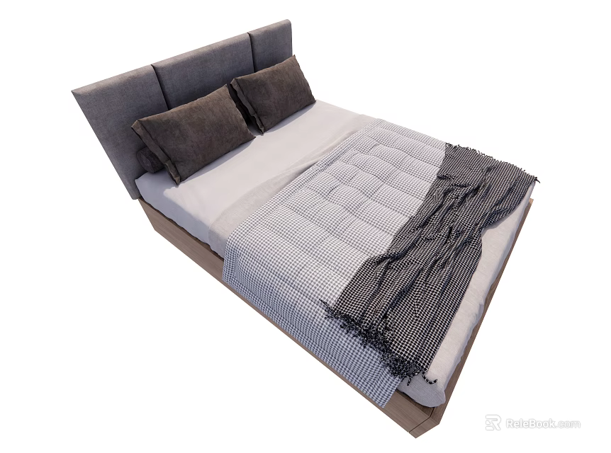 Modern Double Bed With Grey Headboard Two Grey Pillows And Striped Blanket 3d model 